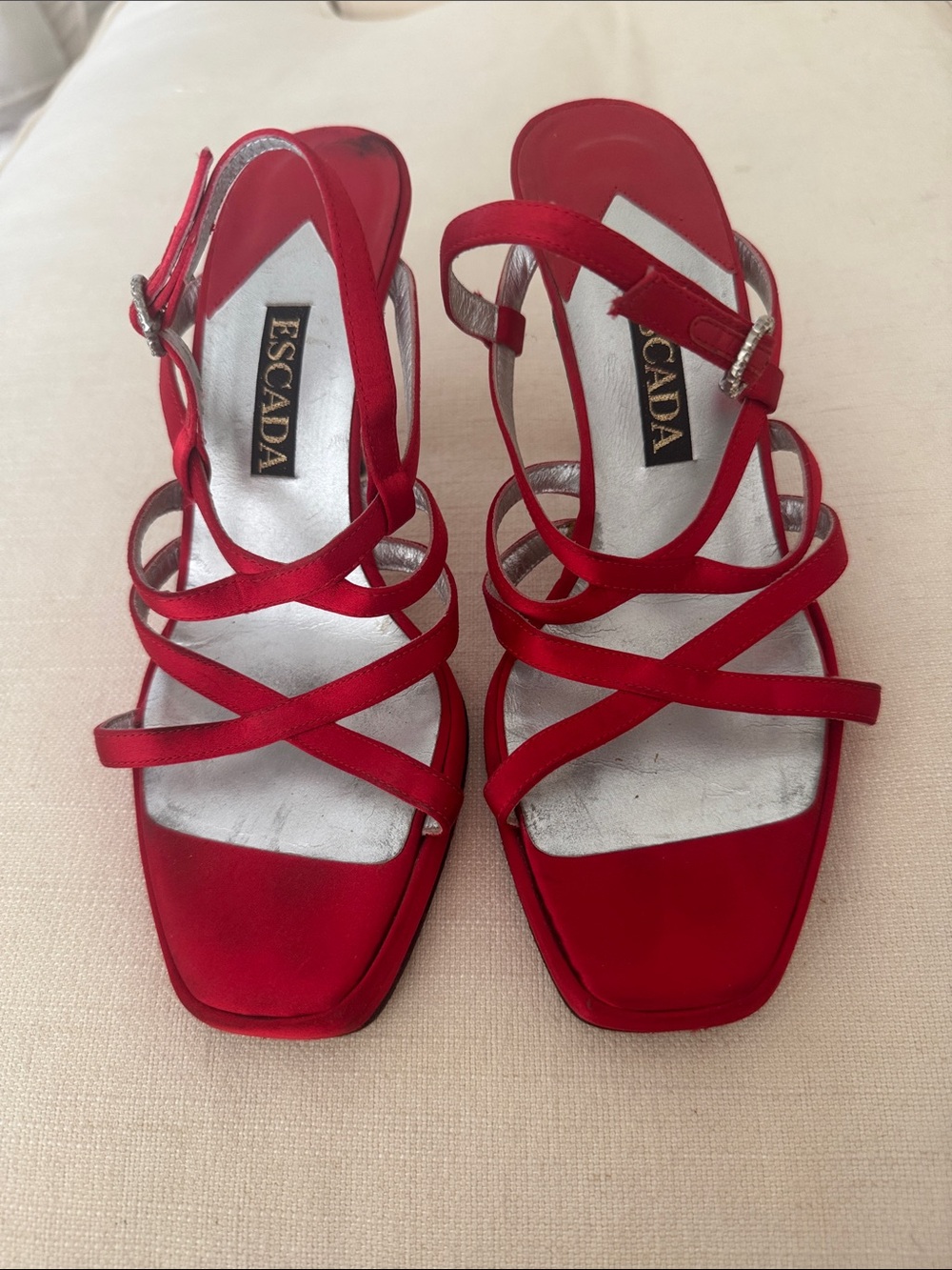 Vintage Escada Shoes Red US Size 7 Satin Strappy Stiletto Heels Pumps Sandals